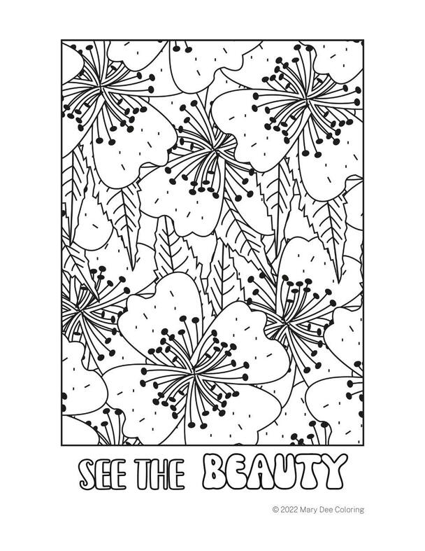 Black and white outline floral image for coloring. Text underneath says 'See the Beauty'